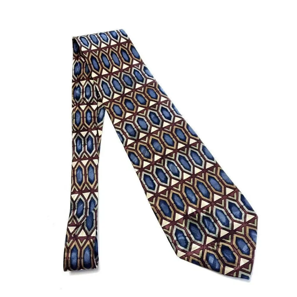 Z. Inc‎ Blue Tan Jacquard Geometric Print Wide Silk Tie